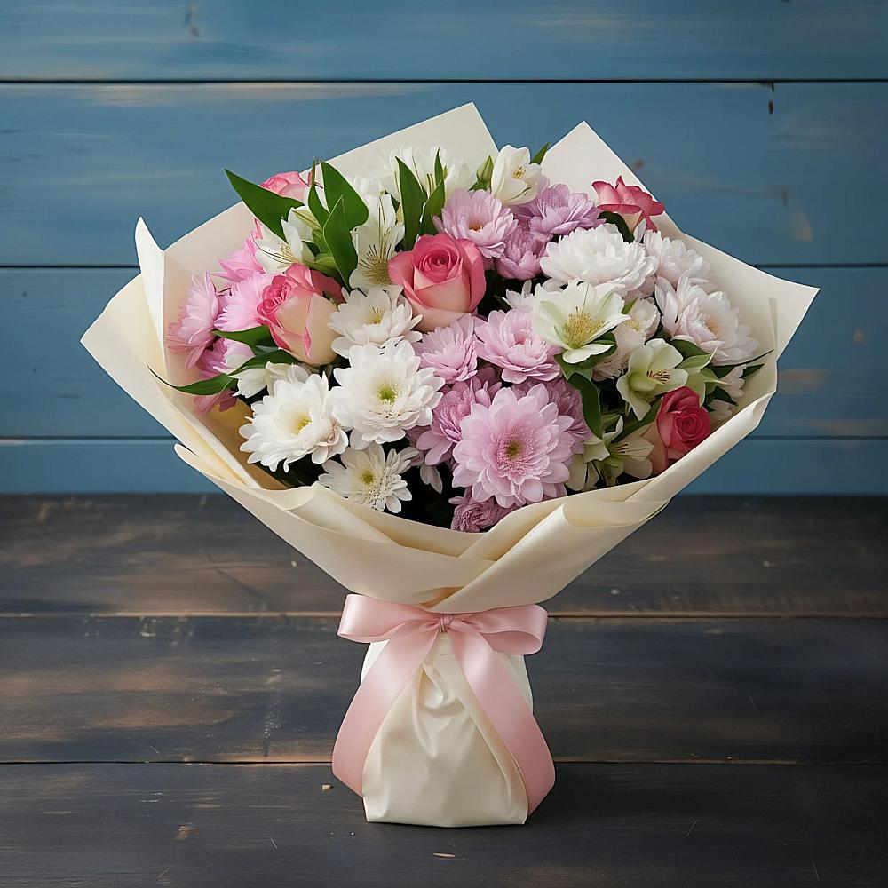 Букет цветов из: Хризантемы, Альстромерии и Розы в Гелдагане